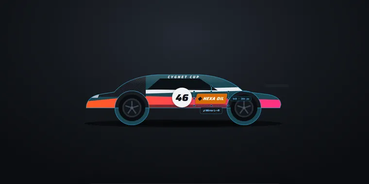 LiveryDesigner photo mode: a painted race car centred in a dark studio viewport above a camera preset bar offering side, rear wing, driver cam, top and turntable views.