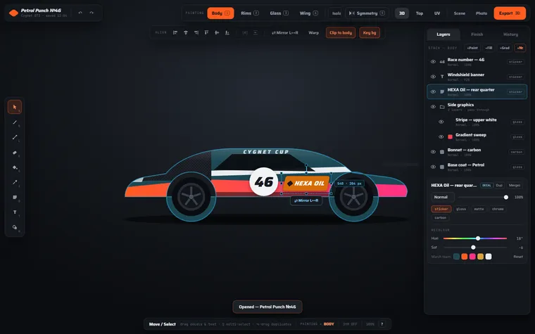 The LiveryDesigner editor: a race car rendered in a dark 3D viewport with a layer stack, paint tools and material controls around it.