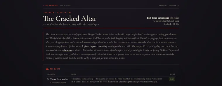 A Valdrath session page: a dark editorial layout with a serif headline, a summary blockquote and a party table listing characters and their status.